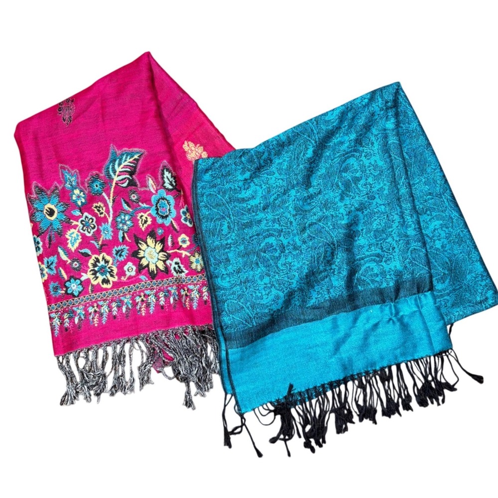D&G Pashmina Scarf Set Pink Floral Teal Paisley Cashmere Silk Blend 2 Piece Lot